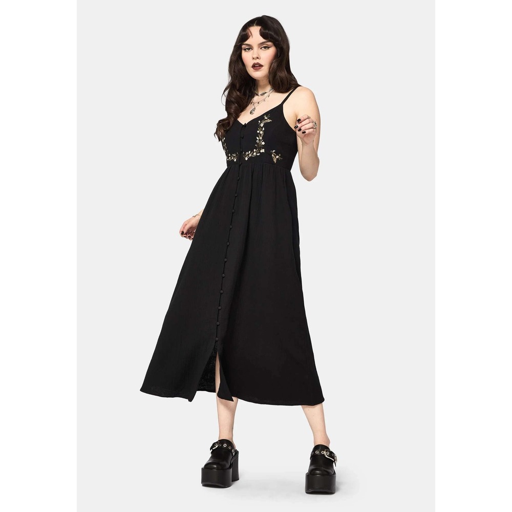 Disturbia Midaxi Dress Womens 4 Black Abundance Floral Embroidered Goth Boho